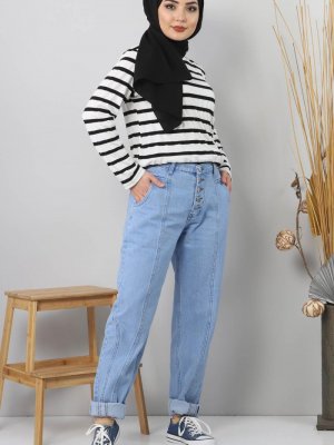 Tesettür Dünyası Açık Mavi Yüksek Bel Düğmeli Mom Jean