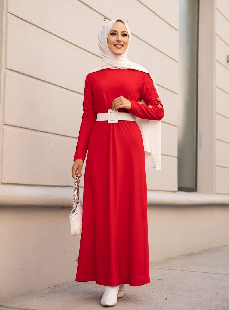 Tofisa Kırmızı Düğme Detaylı Elbise