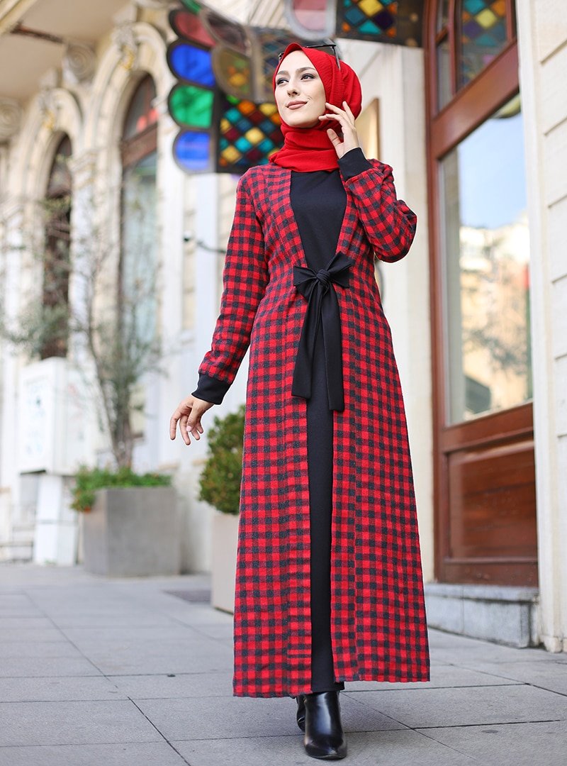 Tofisa Siyah Kırmızı Kare Desenli Elbise