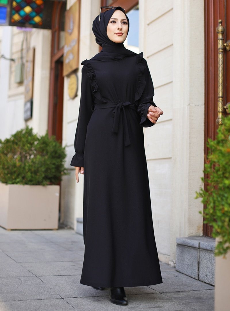Tofisa Siyah Volan Detaylı Elbise