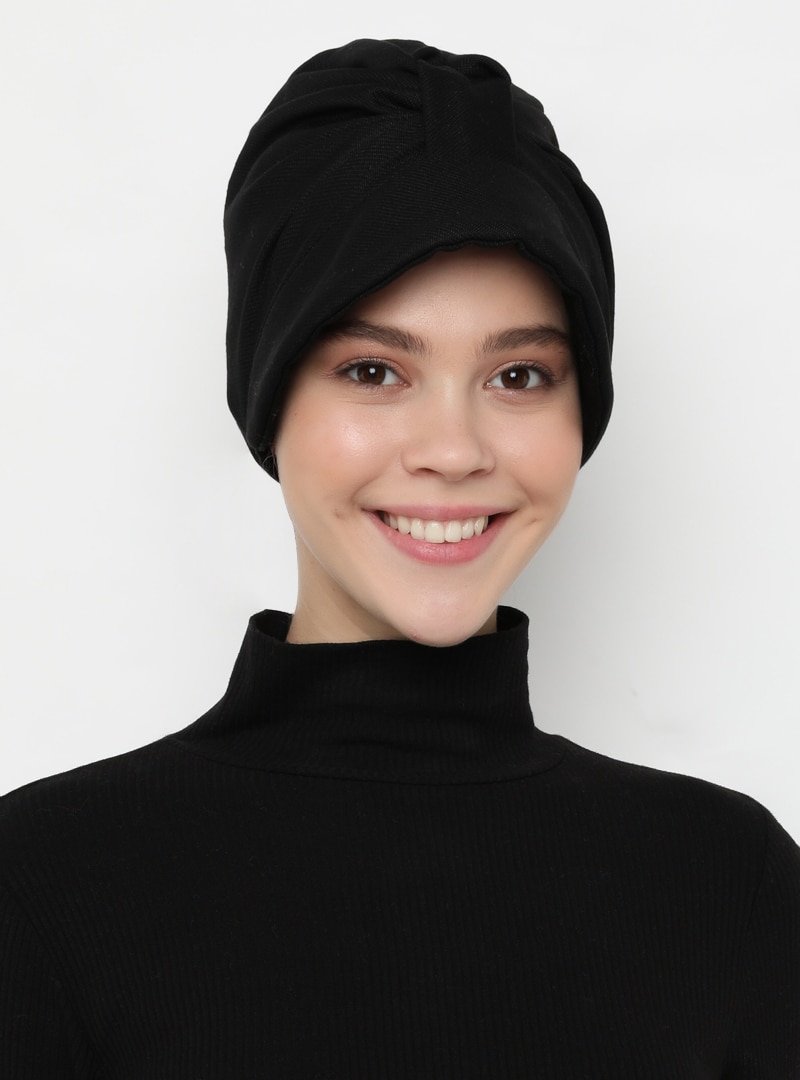 Tulipa Turban Siyah Şapkalı Hazır Türban