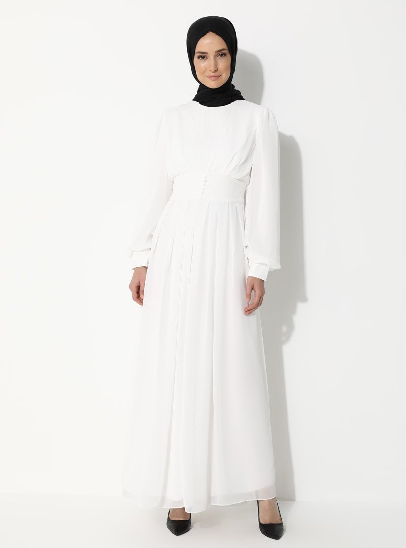 Ziwoman Beyaz Tül Detaylı Abiye Elbise