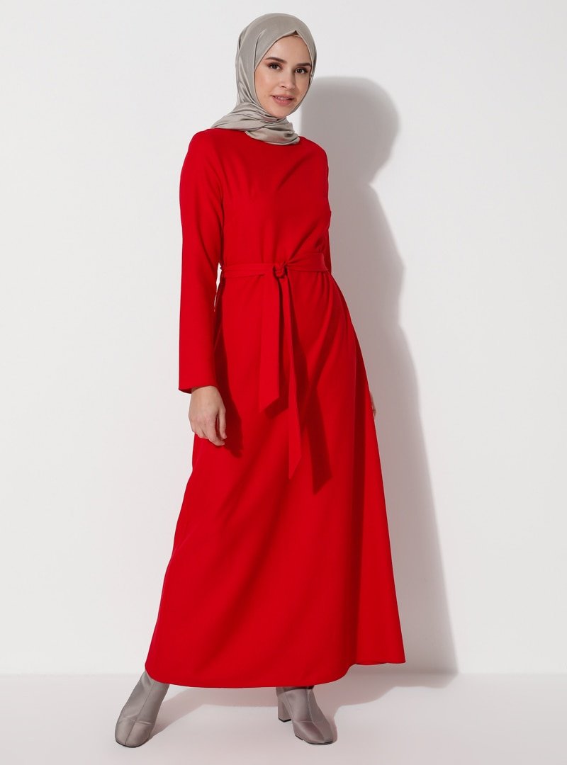 Ziwoman Kırmızı Kuşak Detaylı Elbise