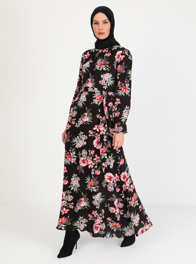 Ziwoman Siyah Çiçek Desenli Elbise