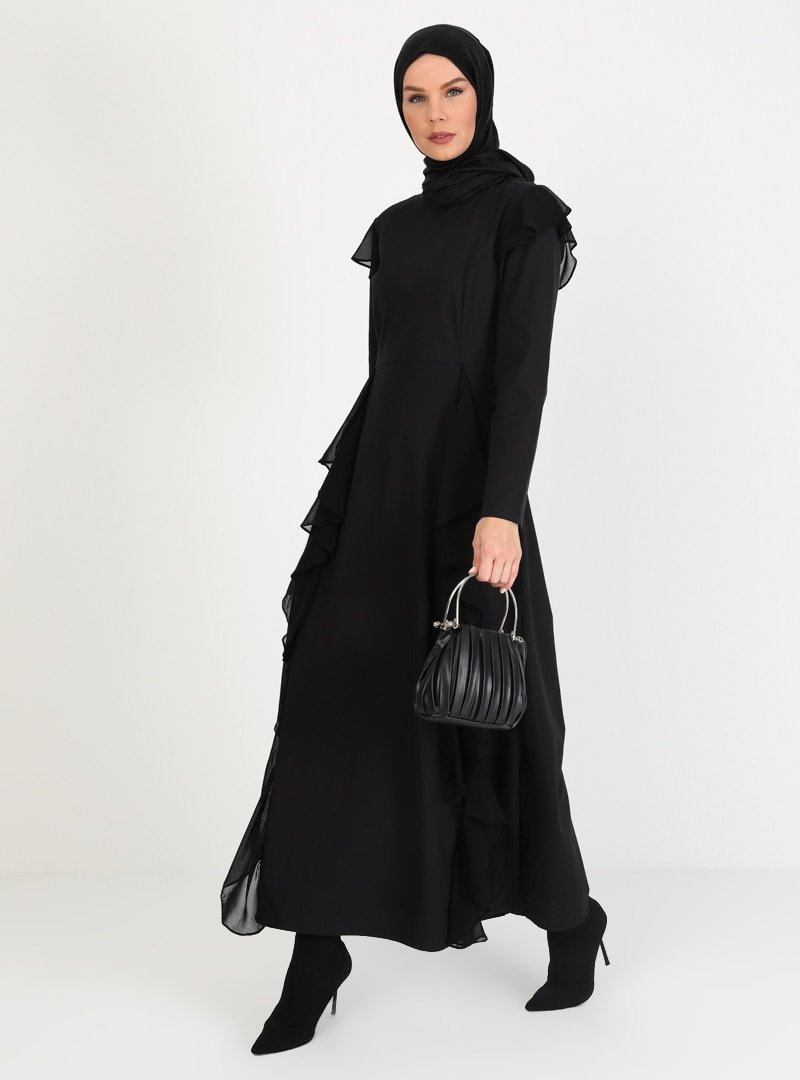 Ziwoman Siyah Fırfır Detaylı Abiye Elbise