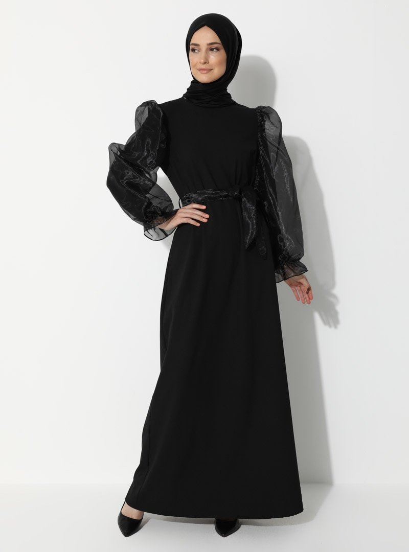 Ziwoman Siyah Tül Detaylı Abiye Elbise
